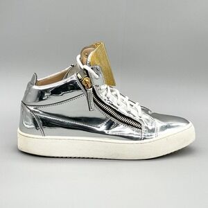 Giuseppe Zanotti Mens 43 10 Kriss Steel Mirrored Mid Top Sneakers Silver Leather